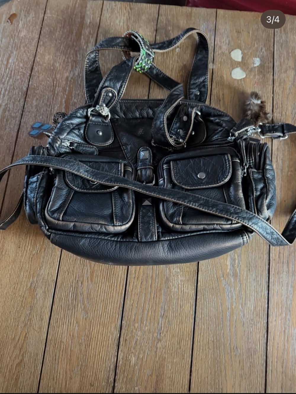 Black Leather Multi-Pocket Shoulder Bag